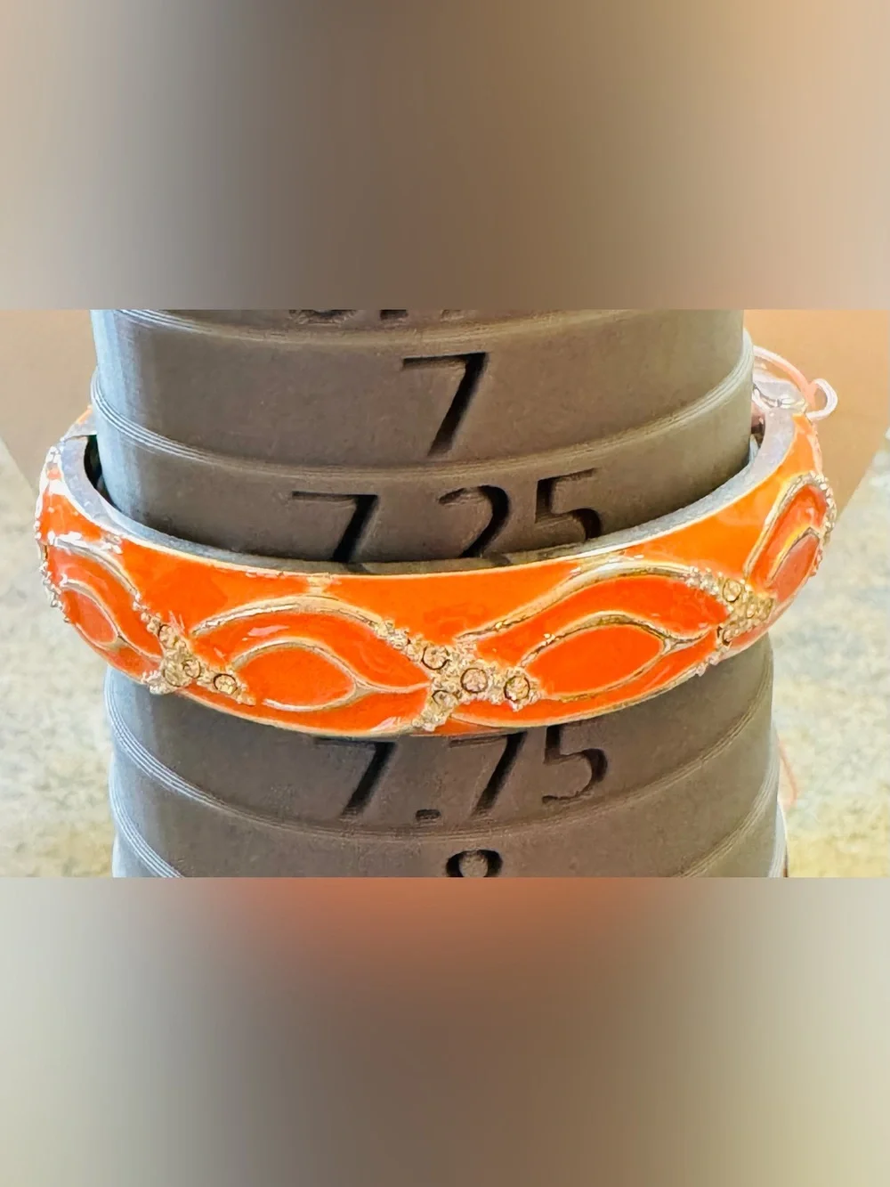 Orange Enamel & Rhinestone Clamper Bangle Bracelet